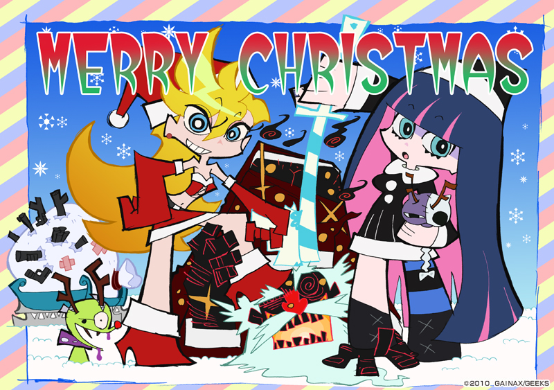 stocking, panty, santa claus, honekoneko, chuck, and 1 more (panty & stocking with garterbelt) drawn by imaishi_hiroyuki