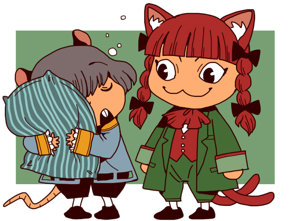 kaenbyou rin, nazrin, cheshire cat, and dormouse (touhou and 1 more) drawn by onikobe_rin
