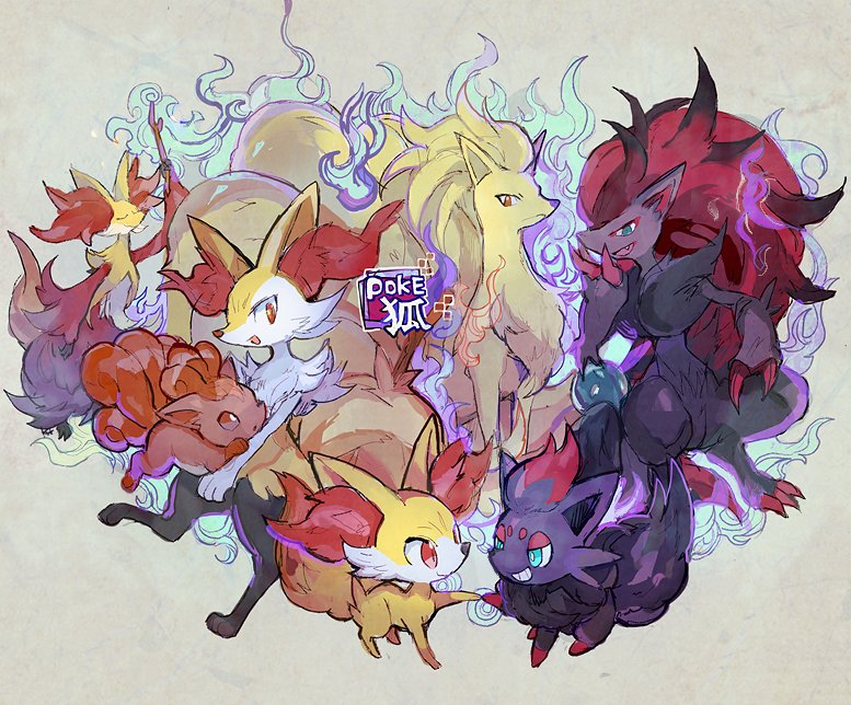 braixen, fennekin, vulpix, zorua, zoroark, and 2 more (pokemon) drawn by kantarou_(8kan)
