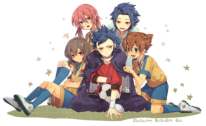 kirino ranmaru, shindou takuto, matsukaze tenma, tsurugi kyousuke, and tsurugi yuuichi (inazuma eleven and 1 more) drawn by maro_(nikeneko523)
