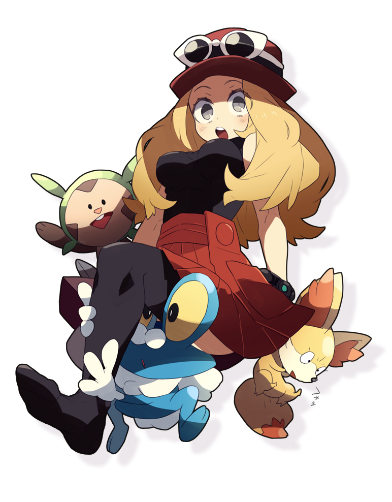 serena, fennekin, chespin, and froakie (pokemon and 1 more) drawn by shigetake_(buroira)