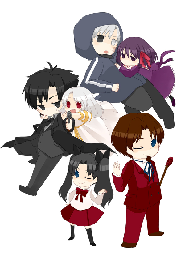 tohsaka rin, illyasviel von einzbern, matou sakura, emiya kiritsugu, irisviel von einzbern, and 2 more (fate and 1 more) drawn by kokumosu