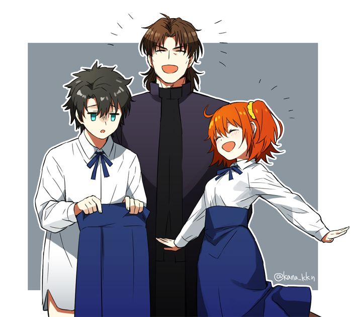 artoria pendragon, saber, fujimaru ritsuka, and kotomine kirei (fate and 2 more) drawn by kaidou_j1