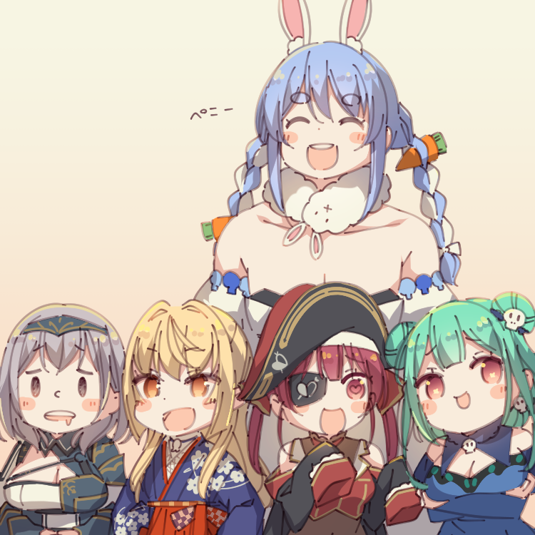 houshou marine, usada pekora, shirogane noel, uruha rushia, shiranui flare, and 1 more (hololive) drawn by ayasaka