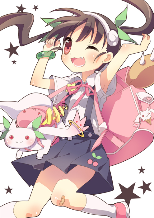 kyubey, hachikuji mayoi, and katou emiri (mahou shoujo madoka magica and 2 more) drawn by sie-sie