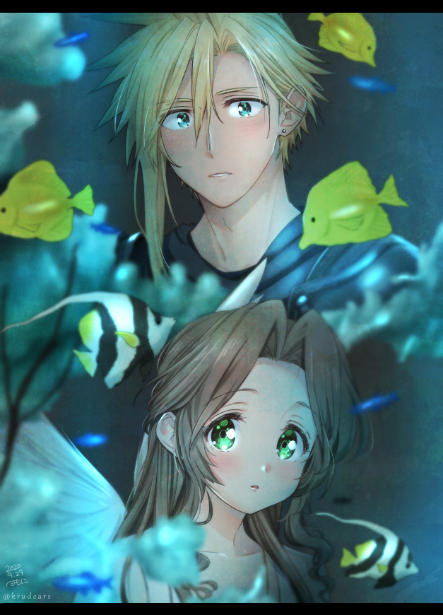 cloud strife and aerith gainsborough (final fantasy and 3 more) drawn by krudears