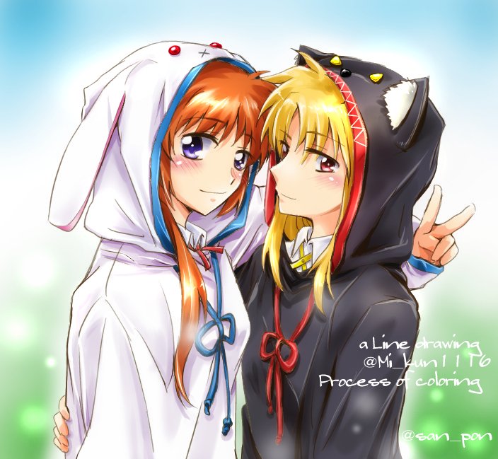 fate testarossa and takamachi nanoha (lyrical nanoha and 1 more) drawn by mii-kun_(mi_kun1116) and san-pon