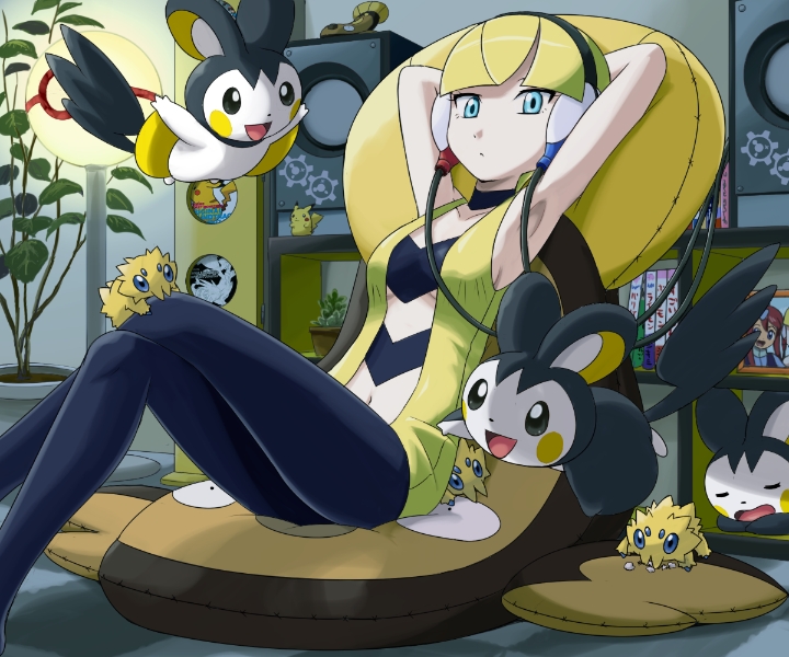 pikachu, skyla, elesa, reshiram, emolga, and 3 more (pokemon and 1 more) drawn by pokemoa