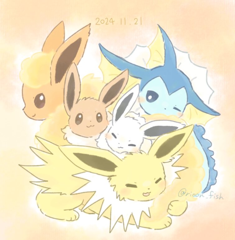 eevee, vaporeon, flareon, and jolteon (pokemon) drawn by rioon_fish