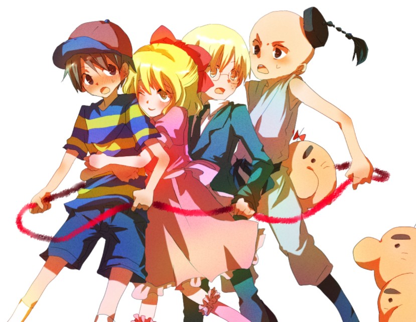 ness, paula, doseisan, jeff andonuts, and poo (mother and 1 more) drawn by kume_(sobameshio)