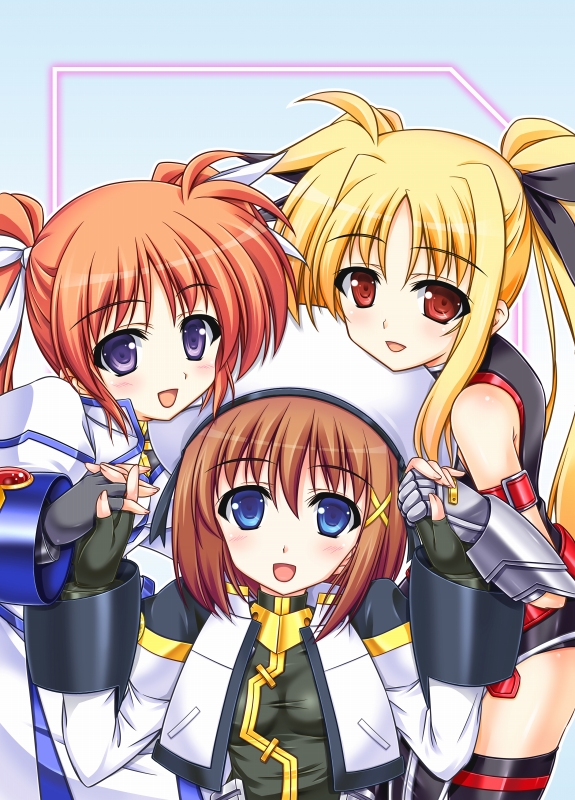 fate testarossa, takamachi nanoha, and yagami hayate (lyrical nanoha and 3 more) drawn by murasaki_atsushi