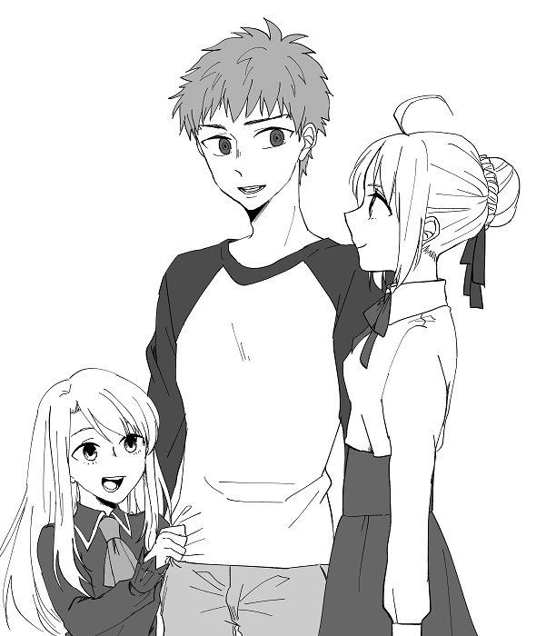 artoria pendragon, saber, illyasviel von einzbern, and emiya shirou (fate and 1 more) drawn by ronpaxronpa