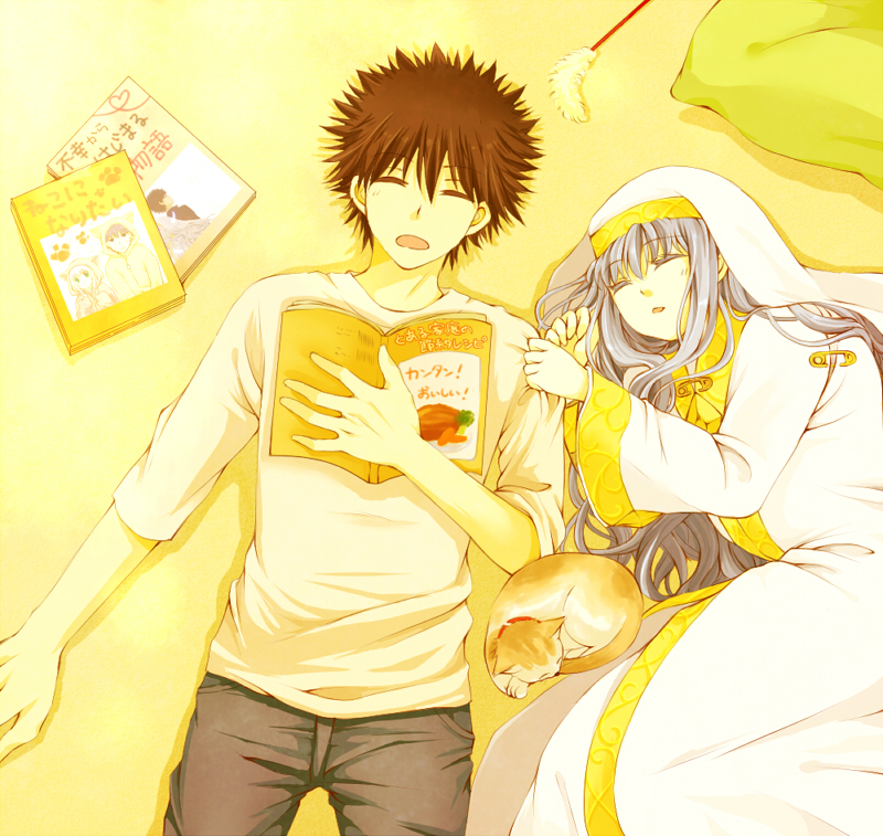 kamijou touma, index, and sphinx (toaru majutsu no index) drawn by sani_(nmk_sunny)