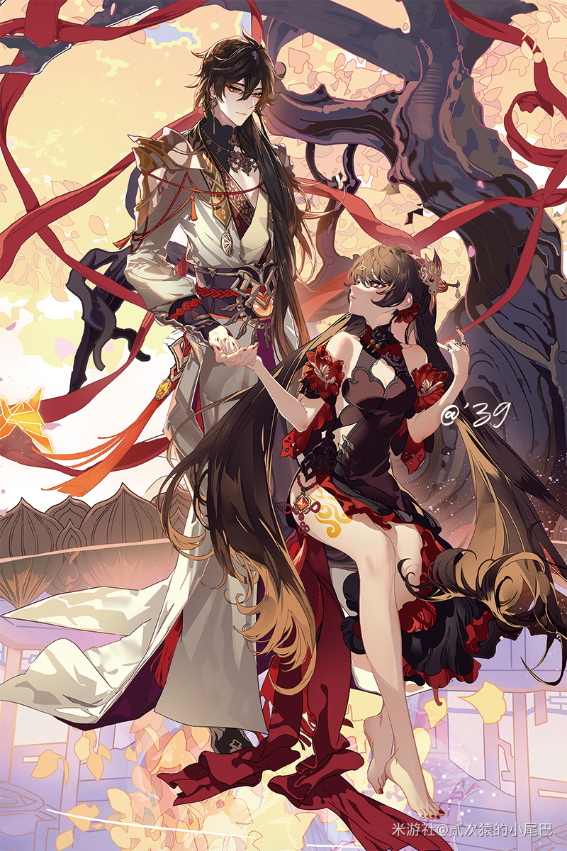 hu tao and zhongli (genshin impact) drawn by erciyuandexiaoweiba
