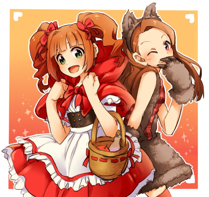minase iori, takatsuki yayoi, little red riding hood, and big bad wolf (idolmaster and 1 more) drawn by restaint