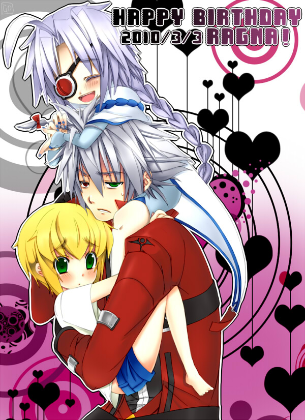 ragna the bloodedge, nu-13, and jin kisaragi (blazblue) drawn by uzukinoko