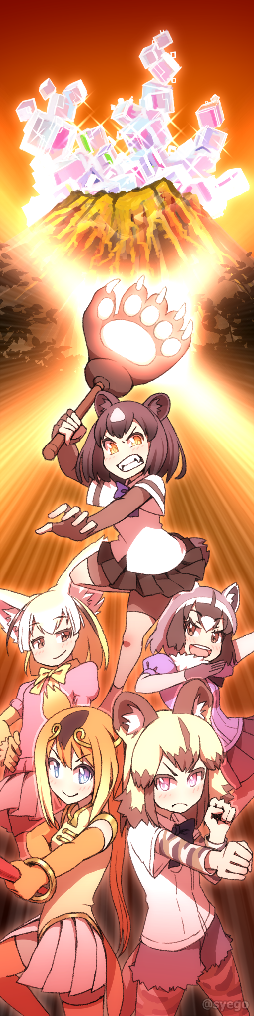 common raccoon, fennec, brown bear, golden snub-nosed monkey, and african wild dog (kemono friends) drawn by shapoco