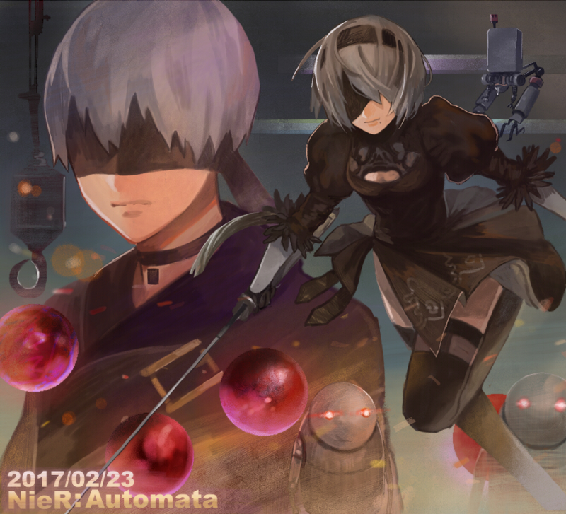 2b, 9s, and pod (nier and 1 more) drawn by kuku_(pixiv16329610)