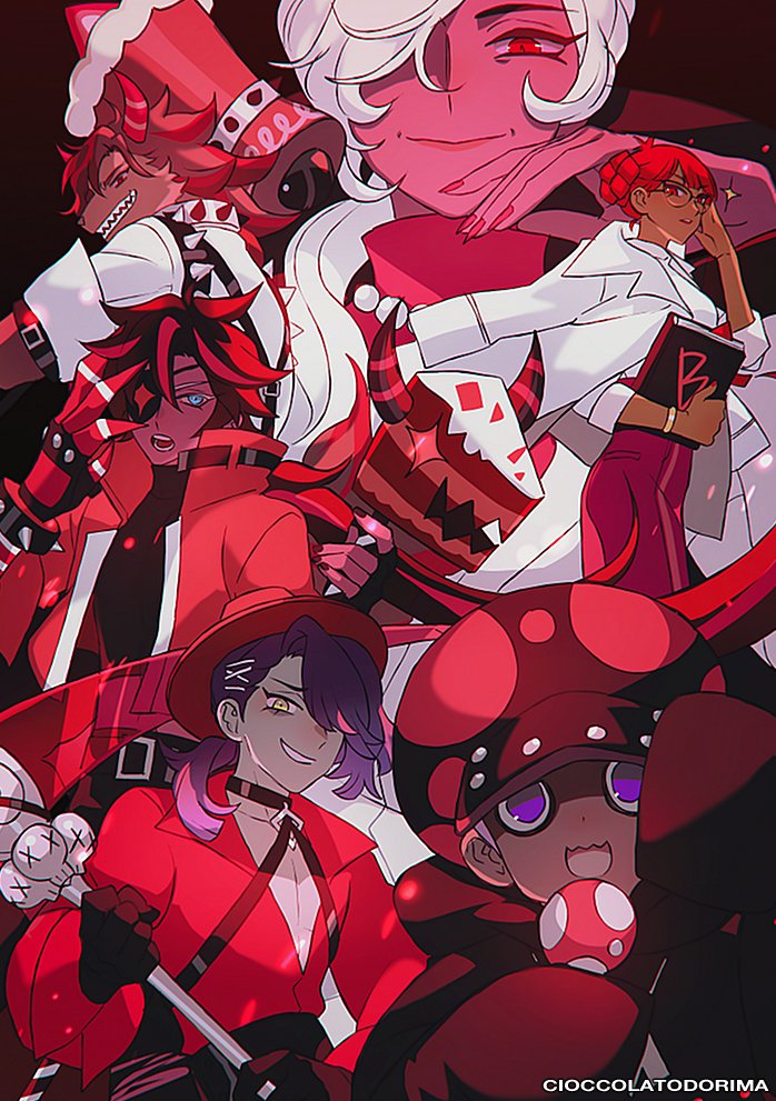 red velvet cookie, pomegranate cookie, licorice cookie, schwarzwalder, poison mushroom cookie, and 1 more (cookie run and 1 more) drawn by cioccolatodorima