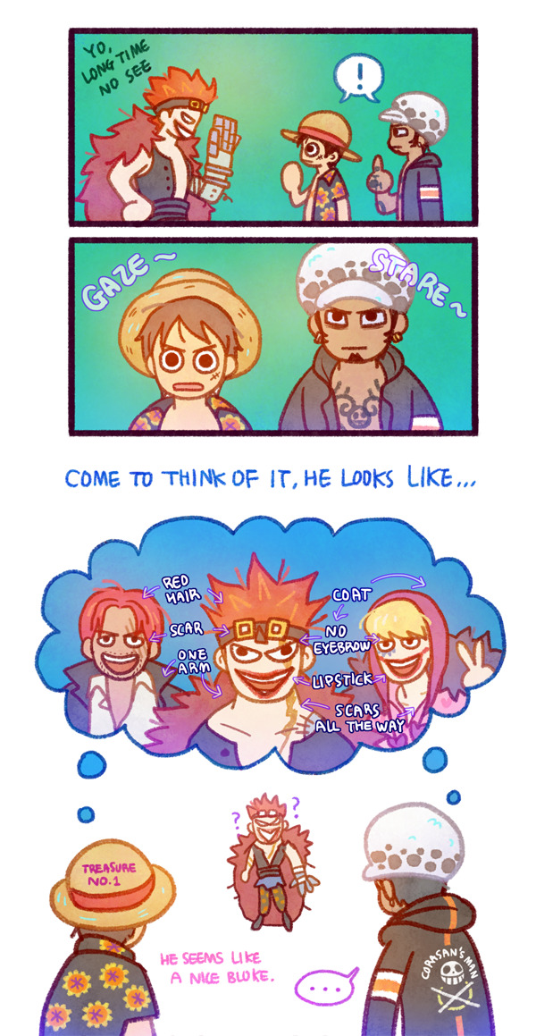 monkey d. luffy, trafalgar law, shanks, donquixote rocinante, and eustass kid (one piece) drawn by pikaole