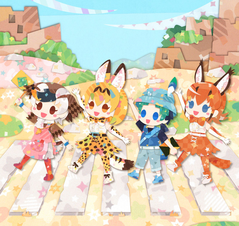 serval, caracal, kyururu, and spot-billed duck (kemono friends and 1 more) drawn by kikuchi_milo