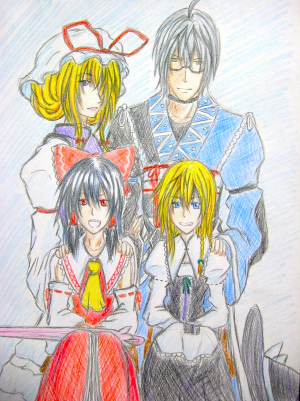 hakurei reimu, kirisame marisa, yakumo yukari, and morichika rinnosuke (touhou) drawn by you_(esparda)