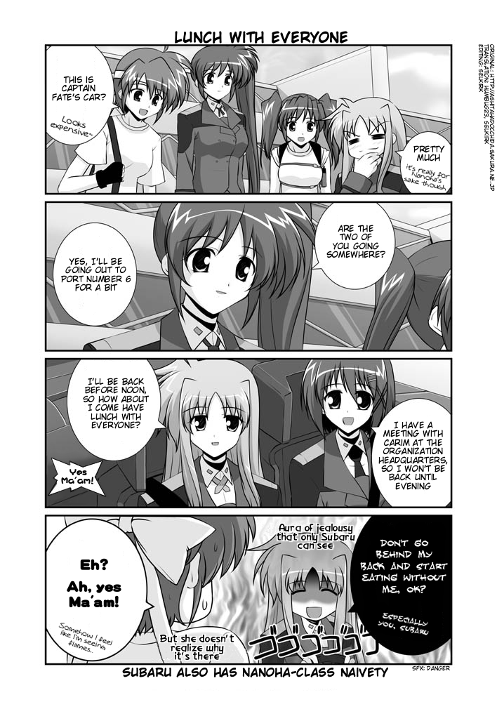 fate testarossa, takamachi nanoha, subaru nakajima, teana lanster, caro ru lushe, and 1 more (lyrical nanoha and 1 more) drawn by mikage_takashi