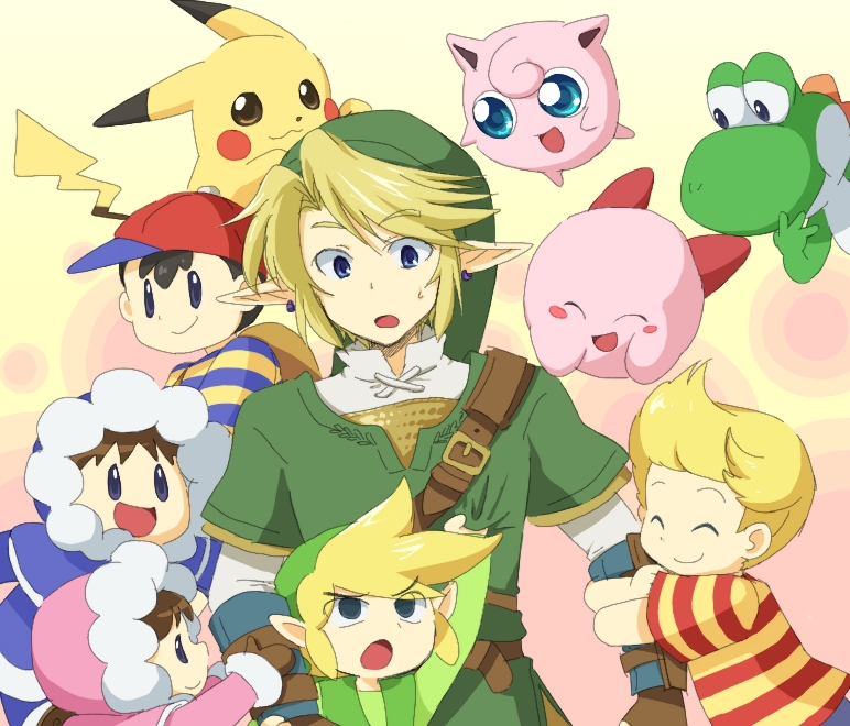 link, pikachu, kirby, jigglypuff, toon link, and 5 more (pokemon and 10 more) drawn by hanjuku_tomato