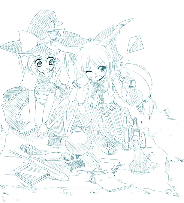 kirisame marisa, chen, and ibuki suika (touhou) drawn by kiku_hitomoji