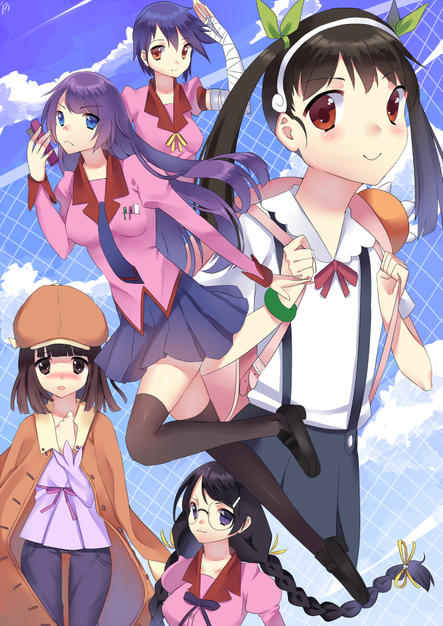 senjougahara hitagi, hanekawa tsubasa, sengoku nadeko, hachikuji mayoi, and kanbaru suruga (monogatari and 1 more) drawn by watashishi