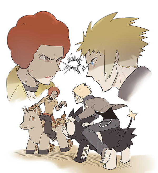 luxray, volkner, rapidash, and flint (pokemon and 1 more) drawn by denbaa