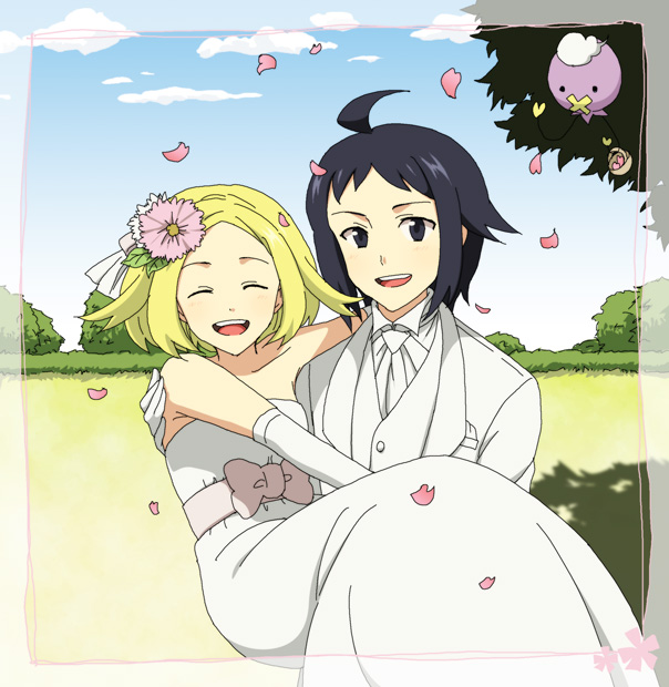 bianca, cheren, and drifloon (pokemon and 1 more) drawn by koitsu_(blue)