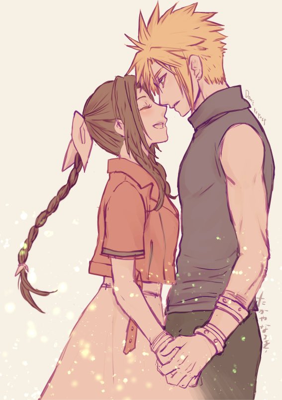 cloud strife and aerith gainsborough (final fantasy and 1 more) drawn by takaya_natsuki