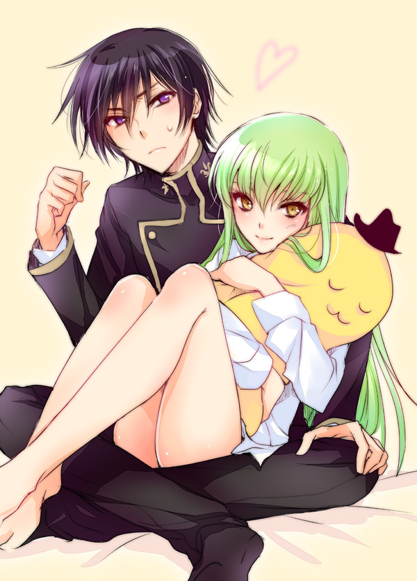 c.c., lelouch vi britannia, and cheese-kun (code geass) drawn by mizunomoto