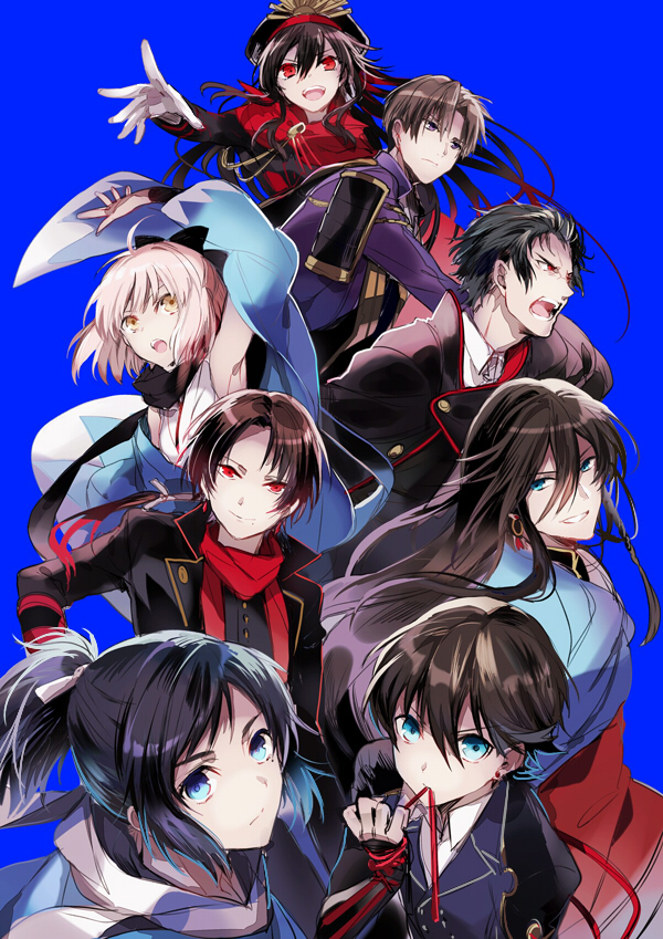 okita souji, oda nobunaga, kashuu kiyomitsu, yamato-no-kami yasusada, izumi-no-kami kanesada, and 3 more (fate and 3 more) drawn by kuroemon