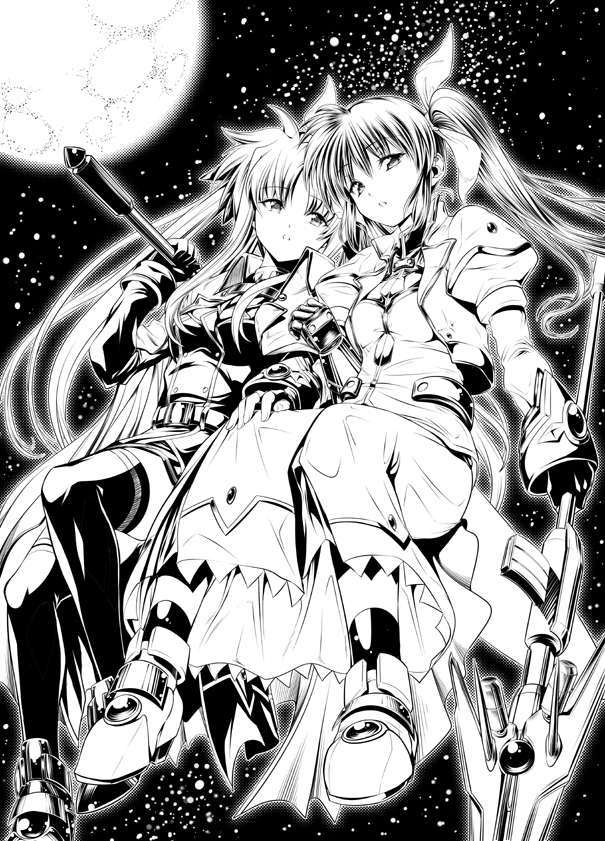fate testarossa, takamachi nanoha, raising heart, and bardiche (lyrical nanoha and 1 more) drawn by tosh_(imonade_ryouchou)