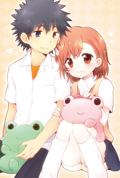 misaka mikoto, kamijou touma, and gekota (toaru majutsu no index and 1 more) drawn by nae_(rno)