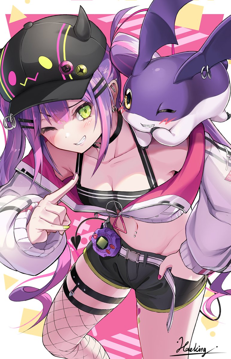 tokoyami towa, bibi, and tsukaimon (hololive and 1 more) drawn by hawe_king