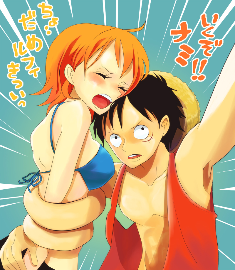 nami and monkey d. luffy (one piece) drawn by himerinco