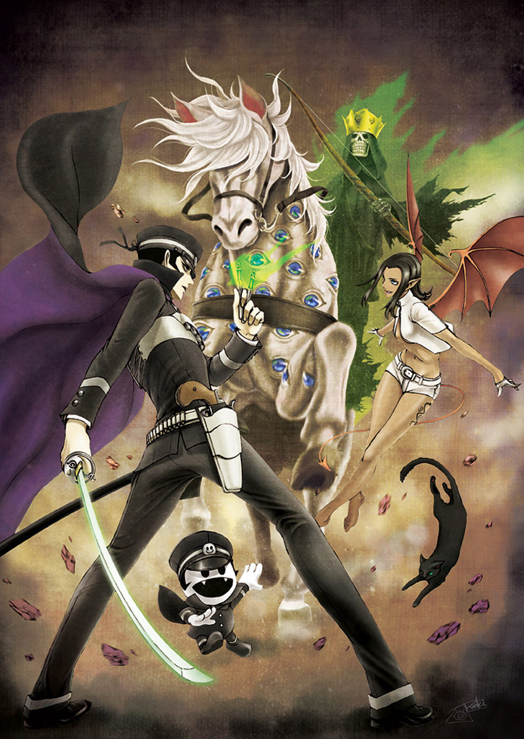 kuzunoha raidou, gouto, lilim, raiho, and white rider (shin megami tensei and 1 more) drawn by koyomi_(kagreki)