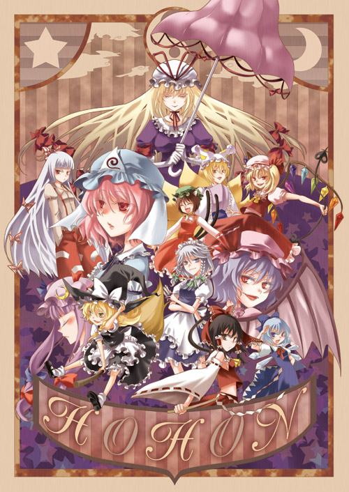 hakurei reimu, kirisame marisa, remilia scarlet, flandre scarlet, izayoi sakuya, and 7 more (touhou) drawn by nazuna_akaru
