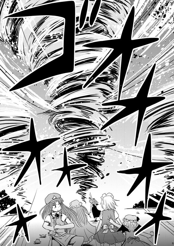 remilia scarlet, izayoi sakuya, patchouli knowledge, hong meiling, and koakuma (touhou) drawn by ikaasi
