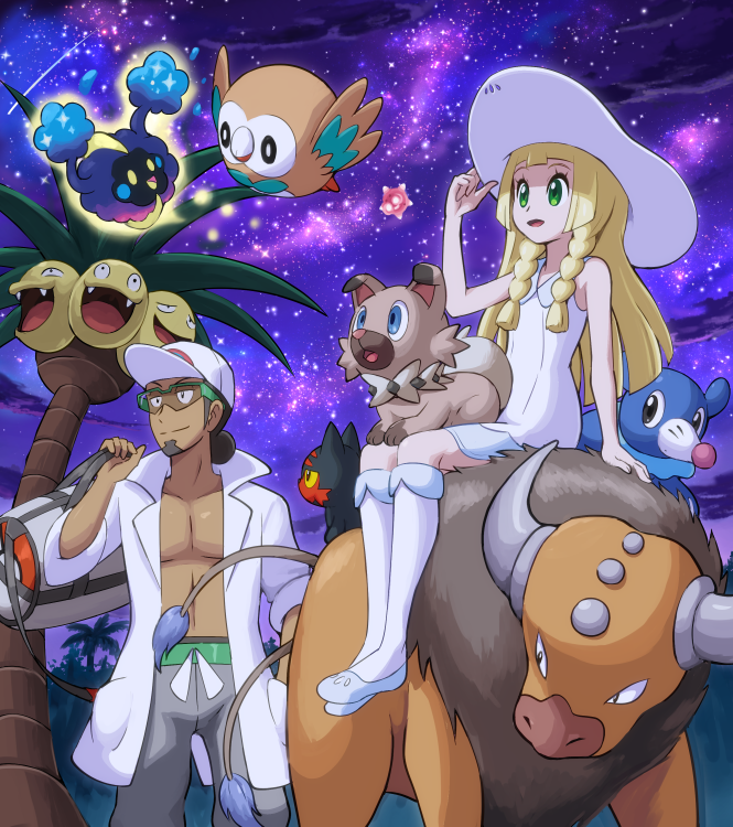 lillie, rowlet, popplio, litten, cosmog, and 5 more (pokemon and 1 more) drawn by pokemoa
