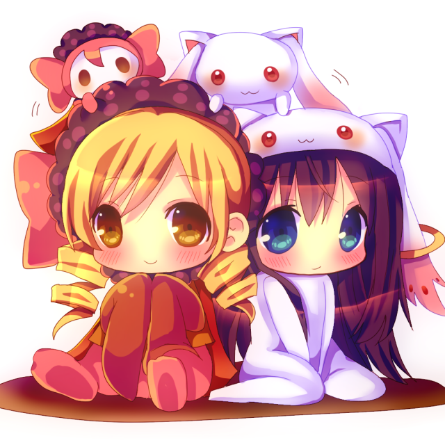 akemi homura, tomoe mami, kyubey, and charlotte (mahou shoujo madoka magica) drawn by chocolat_(momoiro_piano)
