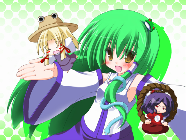 kochiya sanae, moriya suwako, and yasaka kanako (touhou) drawn by fuji_tooya