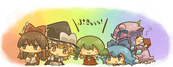 hakurei reimu, kirisame marisa, cirno, patchouli knowledge, and kazami yuuka (touhou) drawn by wata_(rakopepa)