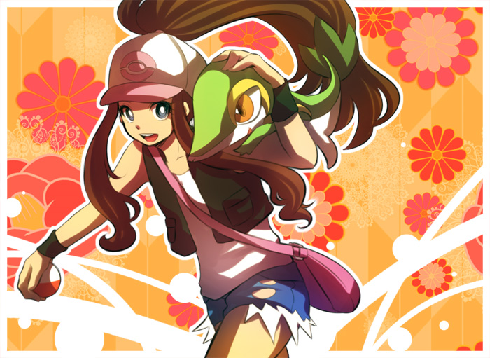 hilda and snivy (pokemon and 1 more) drawn by hinaji