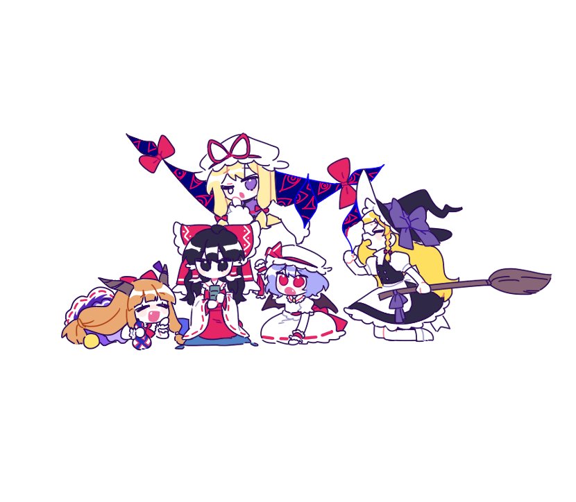 hakurei reimu, kirisame marisa, remilia scarlet, yakumo yukari, and ibuki suika (touhou) drawn by toichou_butterfly