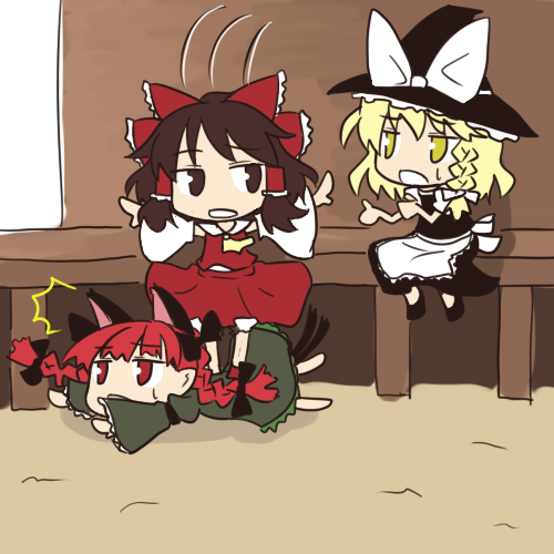 hakurei reimu, kirisame marisa, and kaenbyou rin (touhou) drawn by denohito