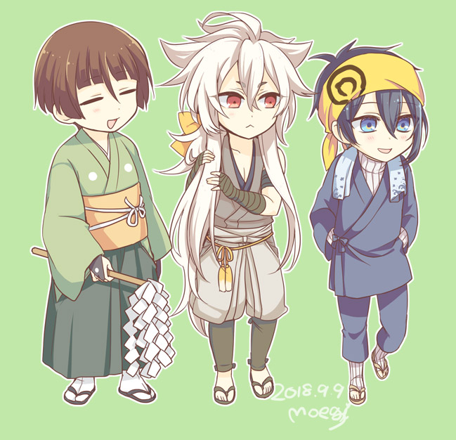 mikazuki munechika, kogitsunemaru, and ishikirimaru (touken ranbu) drawn by moegi_(honey_122)